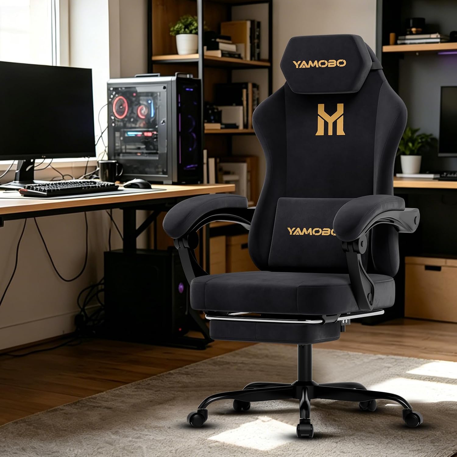 Gaming Chair with Footrest, Game Chair with Lumbar and Headrest Massage Support for Adults, Ergonomic Fabric High Back Computer Desk Gamer Chair with 360°Swivel Wheels for Office, Black