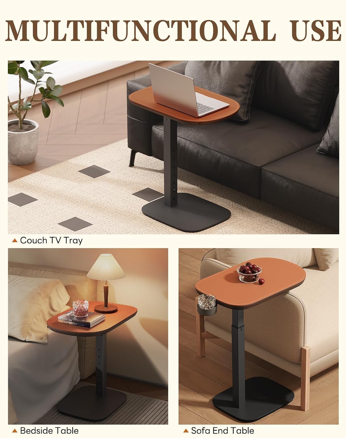 SAIJI Swivel Top TV Table Tray for Living Room Eating and Laptops | Height Adjustable, Heavy Duty Base, Large Size C Shaped Sofa Side Tables, End Tray Table, for Couch & Bedside with Cup Holder