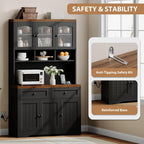 GarveeHome Pantry Cabinet with Charging Station, Tall Kitchen Pantry Storage Cabinet with Hutch,70.8 Inch Kitchen Cabinet with 30mm Thickened Countertop, Fluted Glass Doors, for Dining Room, Balck