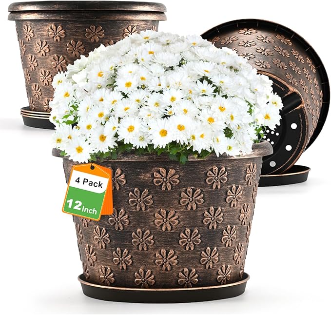 12 Inch Planter Pots for Plants, Plastic Large Flower Pots Indoor Outdoor, 4 Pack Resin Plant Pot with Drainage & Saucer, Retro Decorative Garden Pot with Removable Trays for House