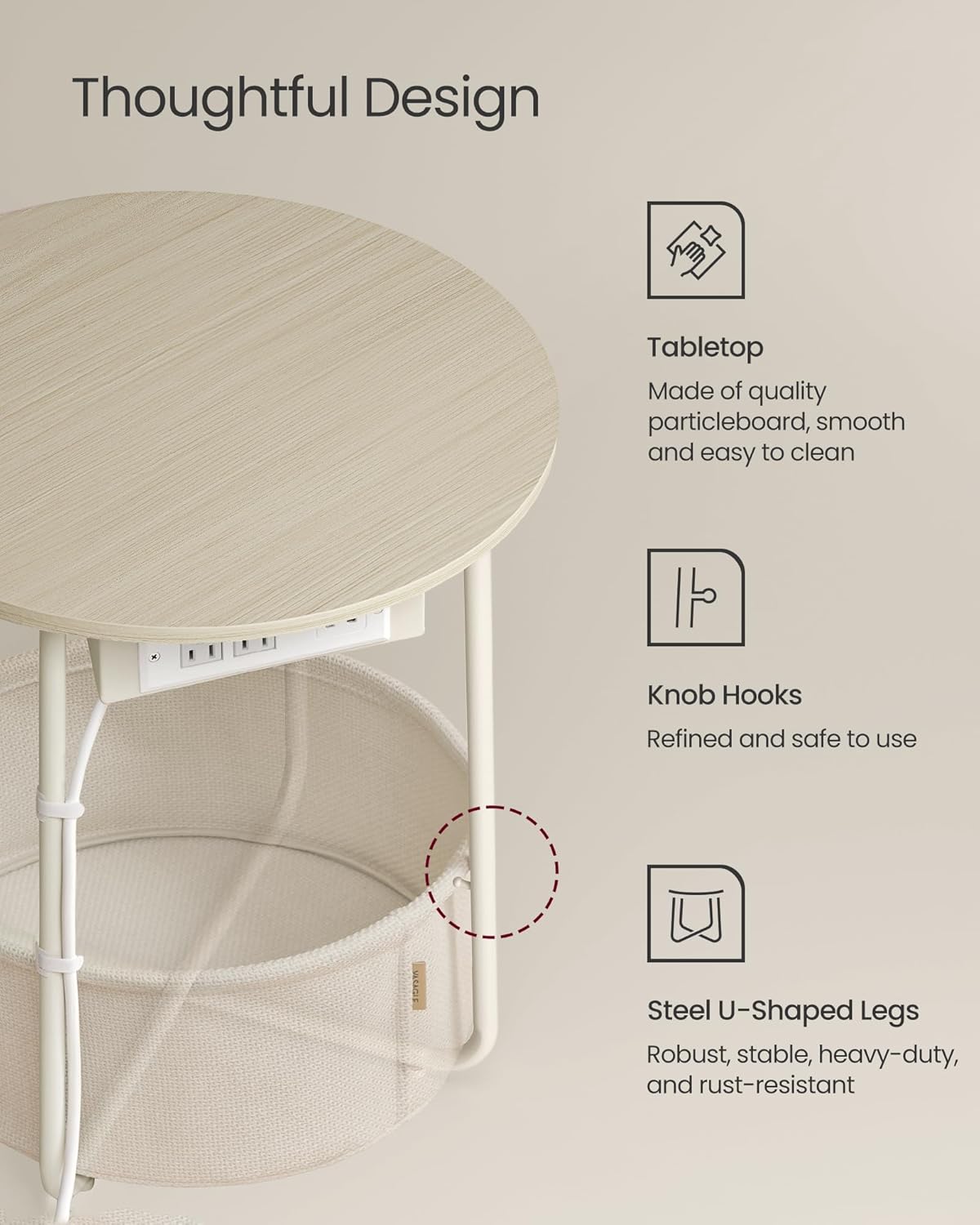 VASAGLE LILEA Collection - Side Table with Charging Station, Round End Table with Fabric Basket, Nightstand with USB Ports, for Living Room, Bedroom, Modern, Cream White ULET228N01