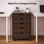 Naomi Home Under Desk Office File Cabinet with 5 Drawers, Rolling Storage Organizer with Lockable Wheels, Handle-Free Design & Spacious Top Surface, Compatible Cabinet for Home Office - Espresso