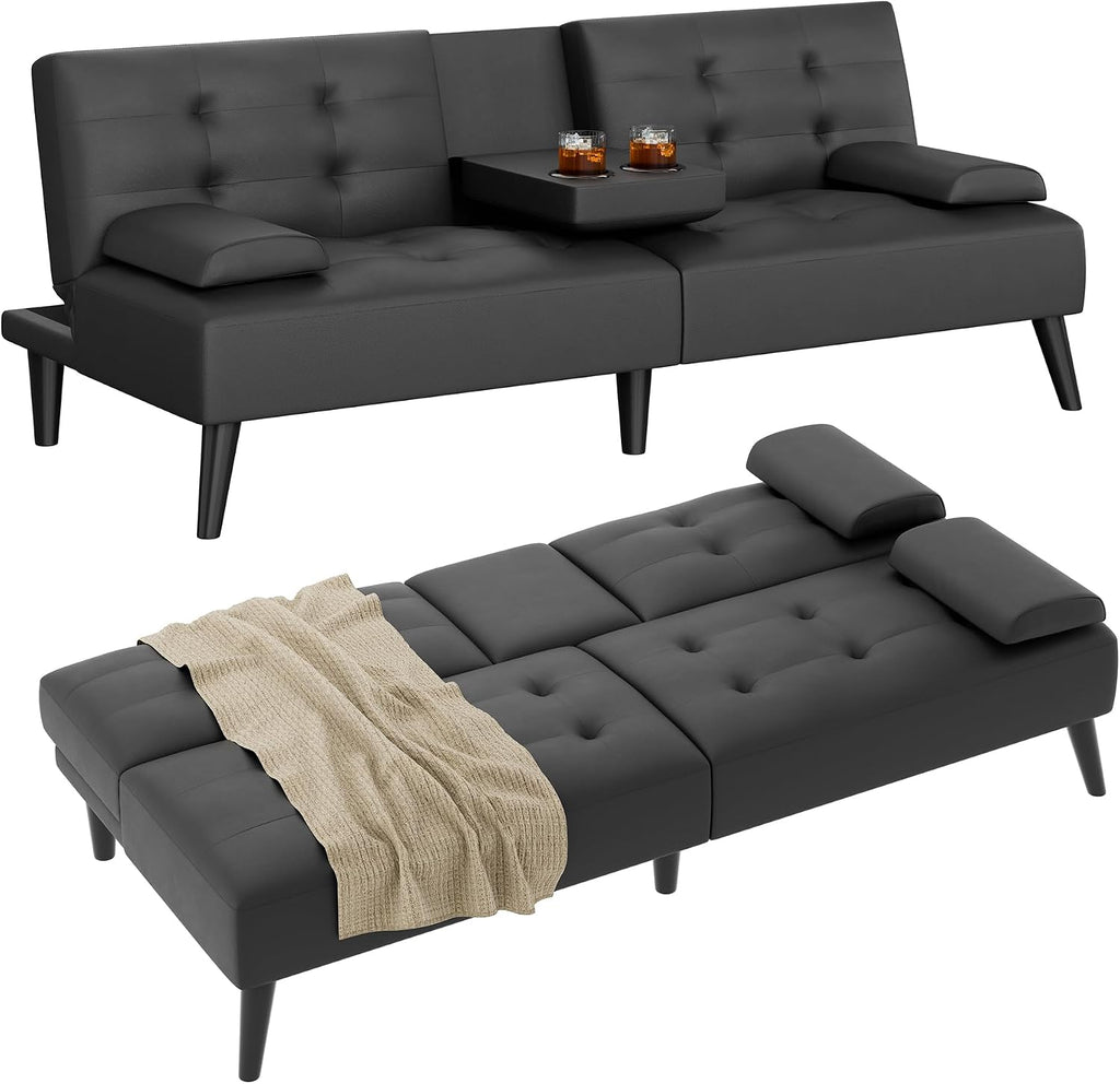 Shintenchi 64" Futon Sofa Bed, Leather Foldable Couch, Upholstered Loveseat Sofa Couch with Folding Cup Holders, Reclining Sleeper with Removable Armrests for Home, Office, Black
