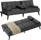Shintenchi 64" Futon Sofa Bed, Leather Foldable Couch, Upholstered Loveseat Sofa Couch with Folding Cup Holders, Reclining Sleeper with Removable Armrests for Home, Office, Black