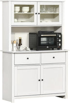 HOMCOM 63.5" Kitchen Buffet with Hutch, Pantry Storage Cabinet with 4 Shelves, Drawers, Framed Glass Doors, Open Microwave Countertop, Antique White