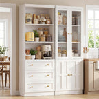 Cyclysio Farmhouse Kitchen Pantry Cabinets - 80" Tall Wood Kitchen Storage Cabinets with Adjustable Shelves & Doors & Drawers, Versatile Storage for Living Room, Kitchen, Set of 2 (White)