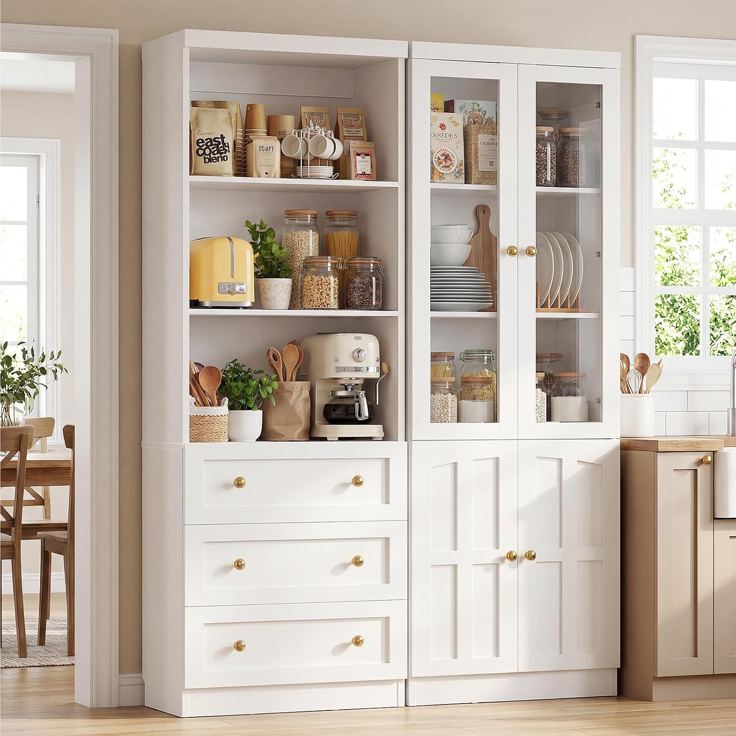 Cyclysio Farmhouse Kitchen Pantry Cabinets - 80" Tall Wood Kitchen Storage Cabinets with Adjustable Shelves & Doors & Drawers, Versatile Storage for Living Room, Kitchen, Set of 2 (White)