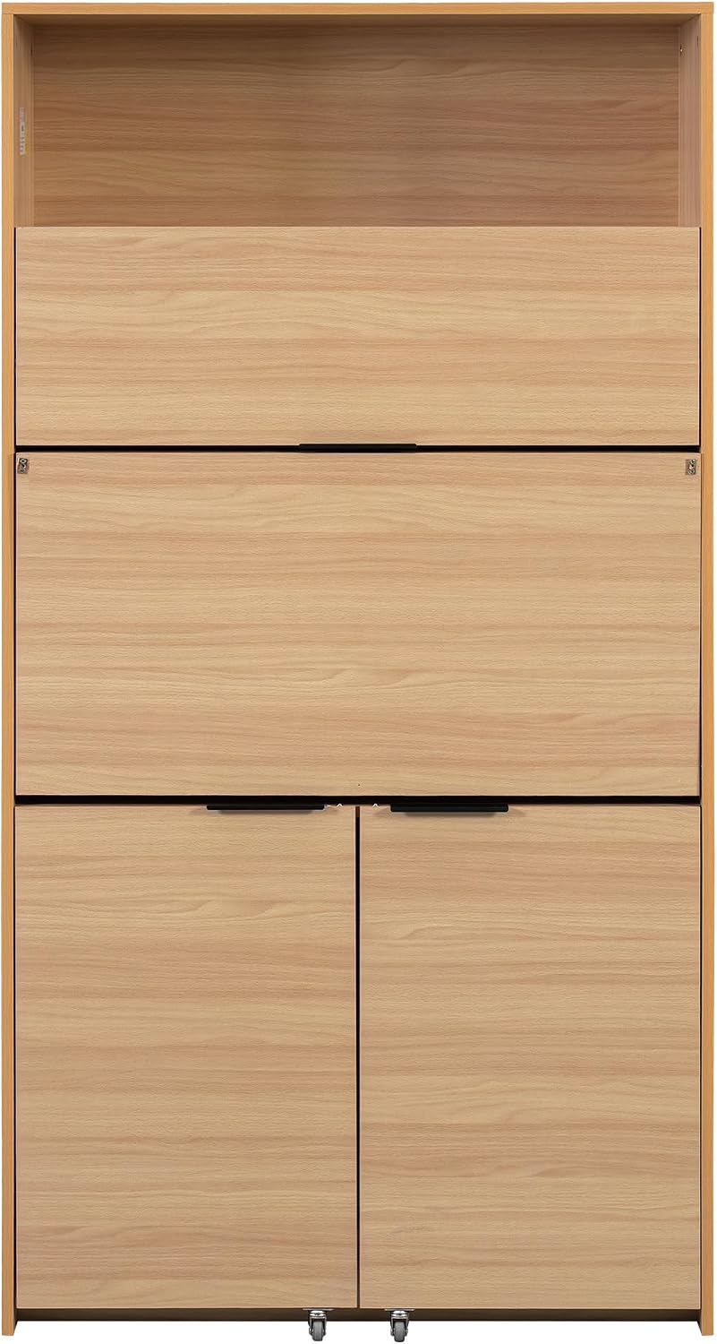 roomfitters 69 Inch Multifunctional Kitchen Pantry Buffet with Foldable Workstation Desk, Natural