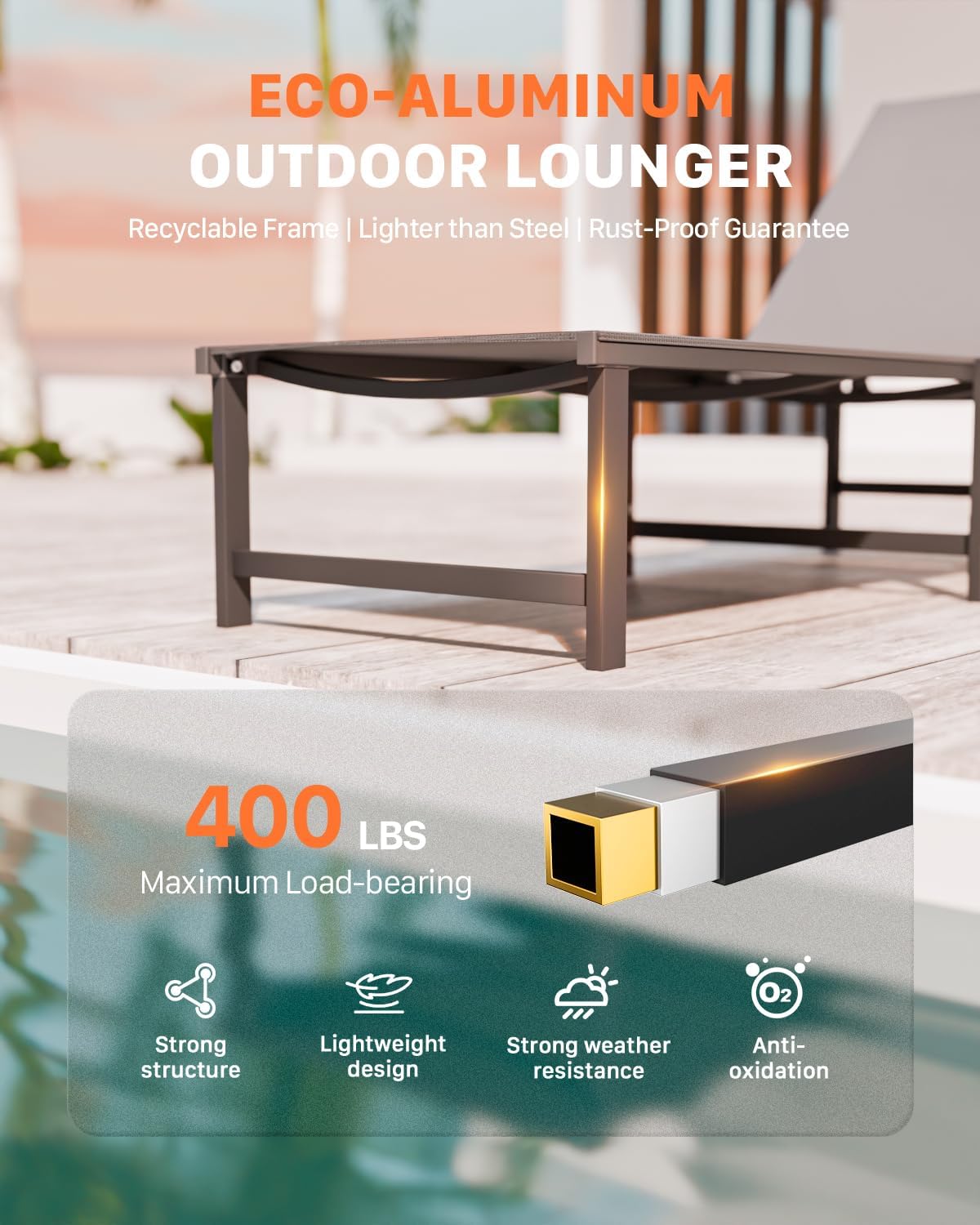 Aluminum Patio Chaise Lounge Chair Outdoor, Grey | Textilene Fabric,Weather-Resistant,Breathable,5-Position Recliner,400 lb Weight Capacity,Backyard Poolside Patio Deck