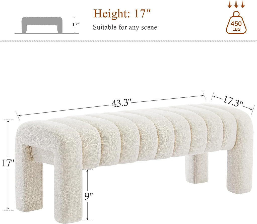43’’ Bedroom Bench, Upholstered End of Bed Bench with Solid Wood Legs, Modern Small Dining Bench with Full Covered Fabrics for Entryway, Bedroom, Living Room (Beige, Linen)