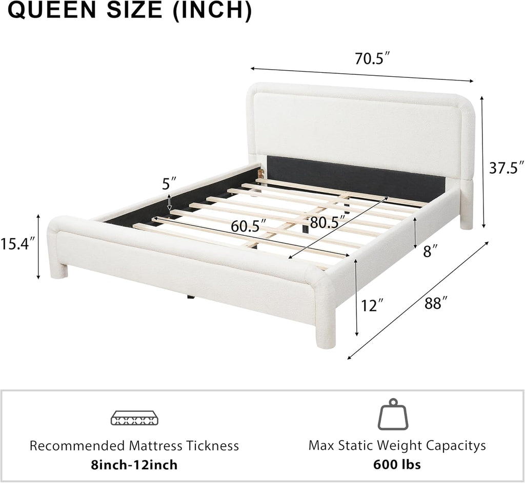 Merax Queen Size Upholstered Bed Frame with Upgraded Curved Boucle Fabric Headboard,Wooden Slats Support for Bedroom,Modern Design Easy Assembly