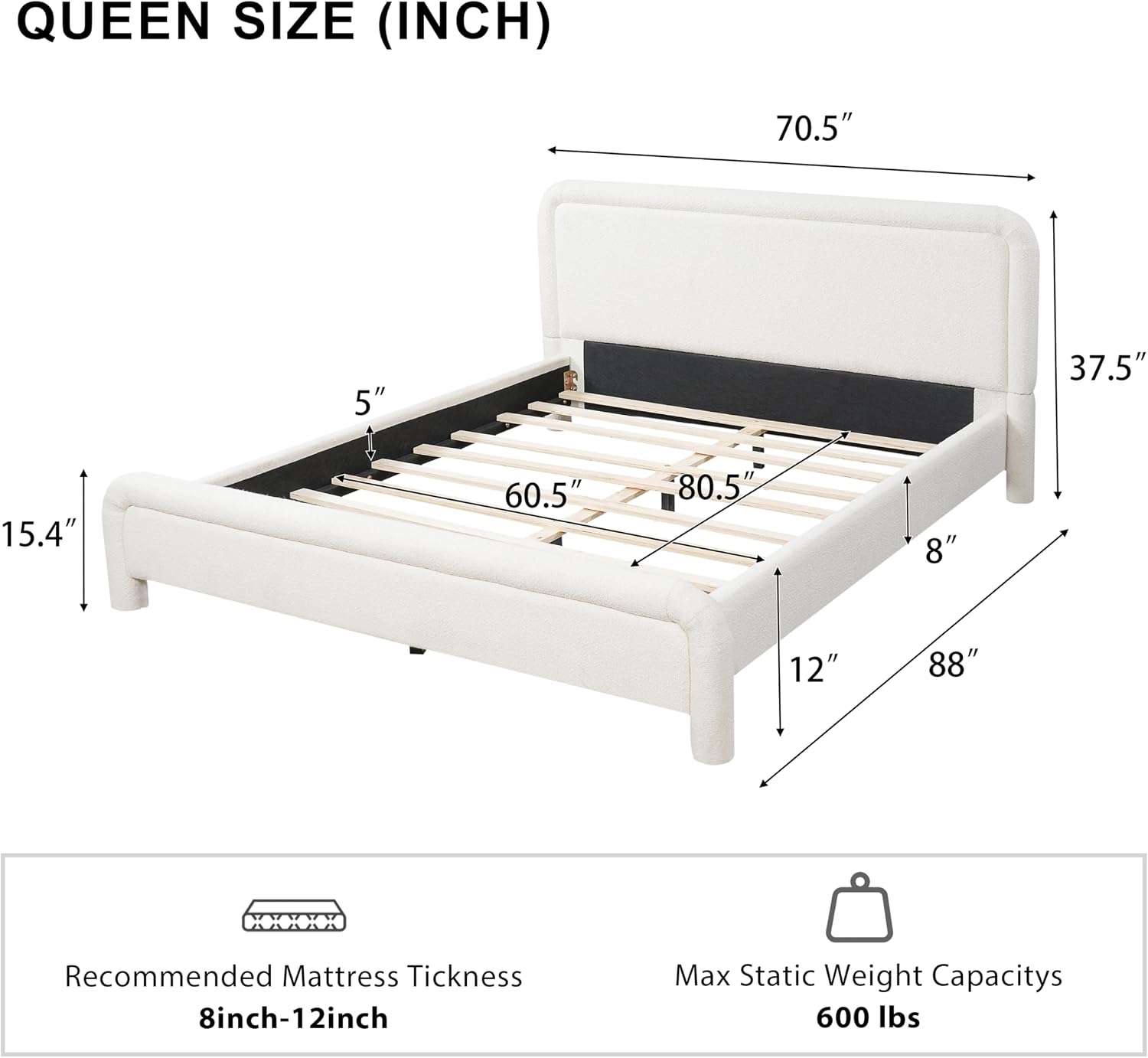 Merax Queen Size Upholstered Bed Frame with Upgraded Curved Boucle Fabric Headboard,Wooden Slats Support for Bedroom,Modern Design Easy Assembly