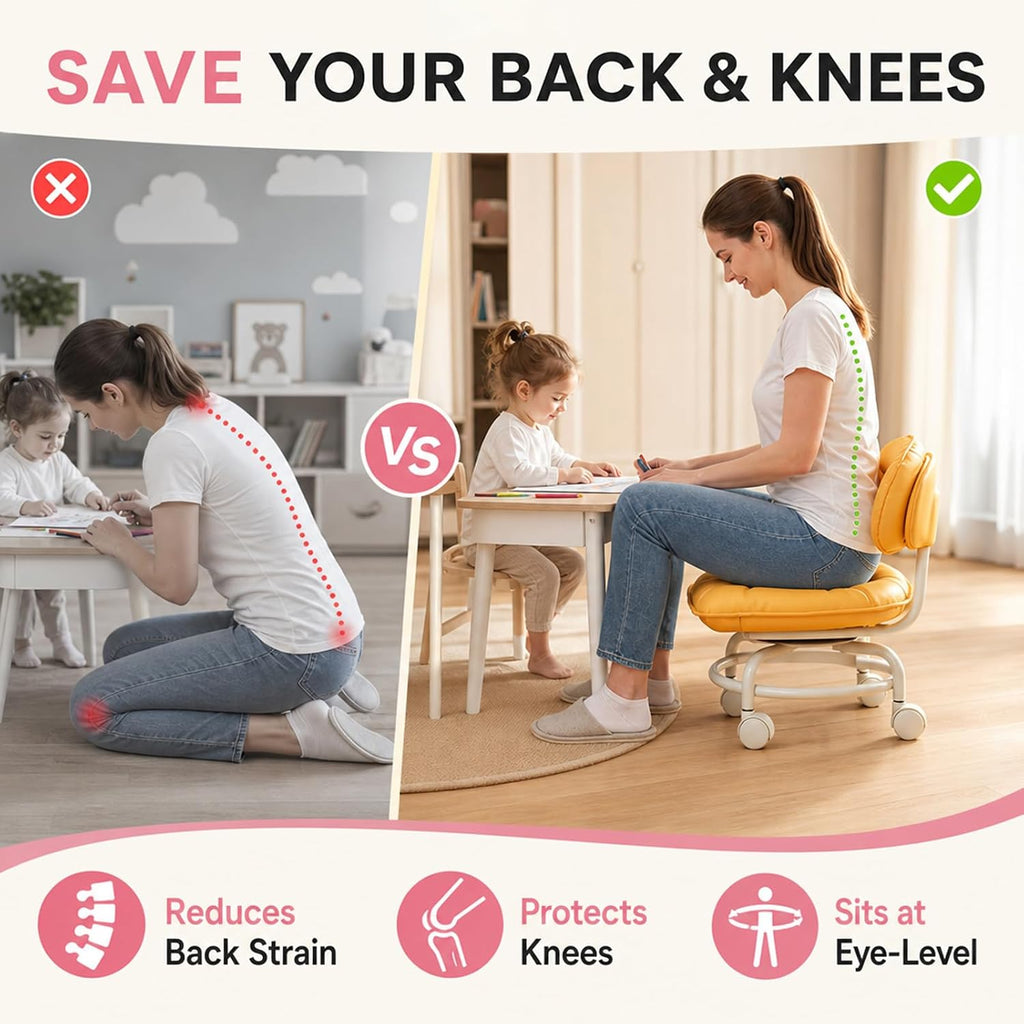 Rolling Low Stool with Backrest, Cloud Comfort Swivel Stool，Gray | Rolling Backrest Chair with Padded Seat & 360° Silent Casters, Cloud-Soft Cushion for Workshops, Garages, Studios, Home
