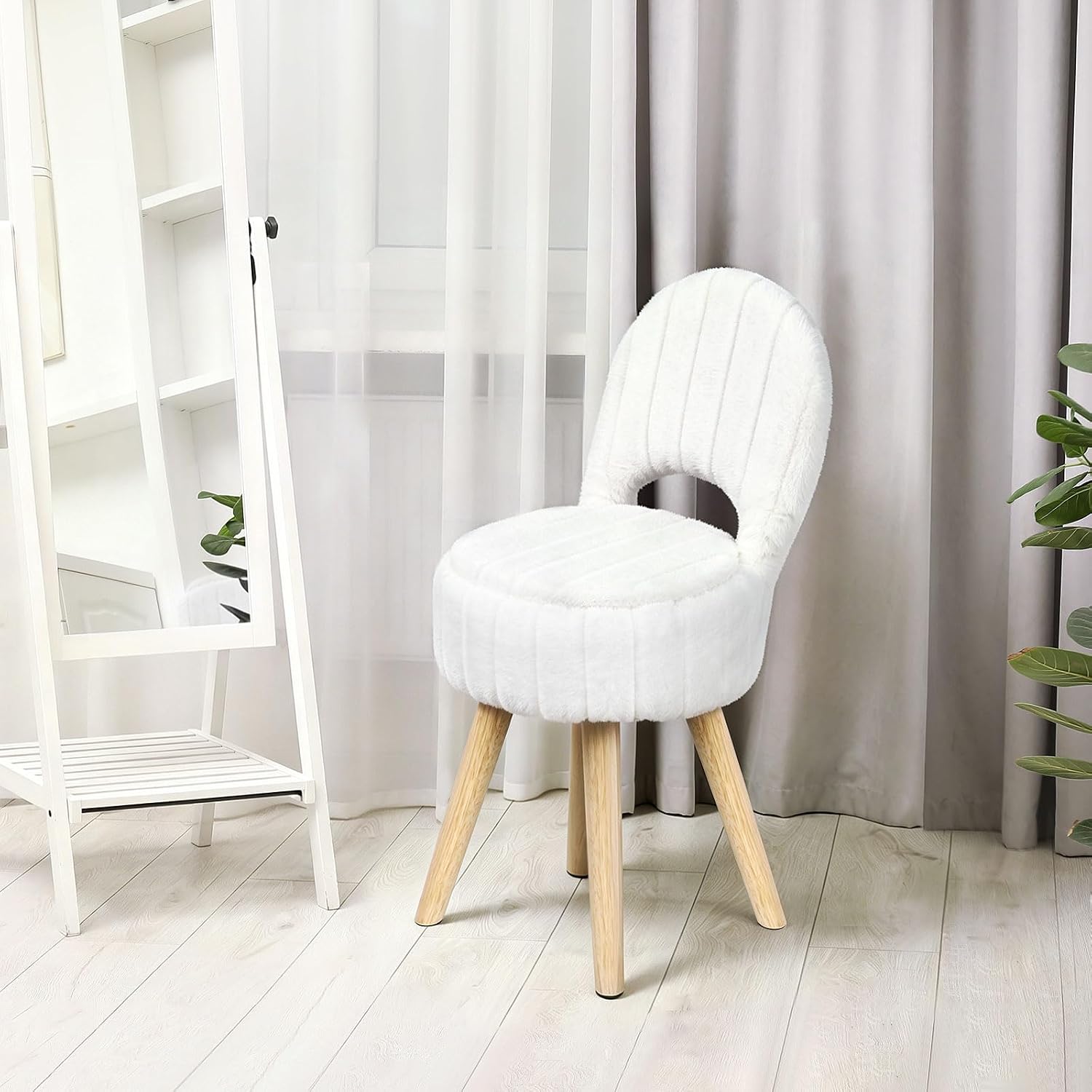 Small Vanity Stool Chair with Storage & Folding Back, Faux Rabbit Fur Soft Padded Seat Ottoman, 4 Solid Wood Legs Anti-Slip Feet, Stool for Vanity Desk for Makeuproom, Bedroom 12.9”x11.8”x27.9”（White）