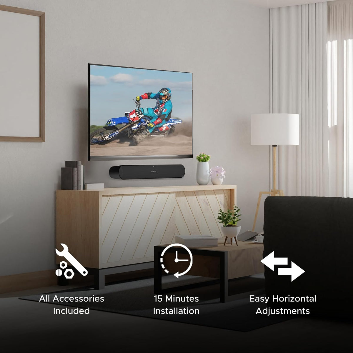 Sound Bass Soundbar Mount for Sonos Ray Sound Bar, Easy Install, Black | Includes All Necessary Mounting Hardware, Floating Style Soundbar Wall Bracket for Under TV or Above, Easy to Install, Black