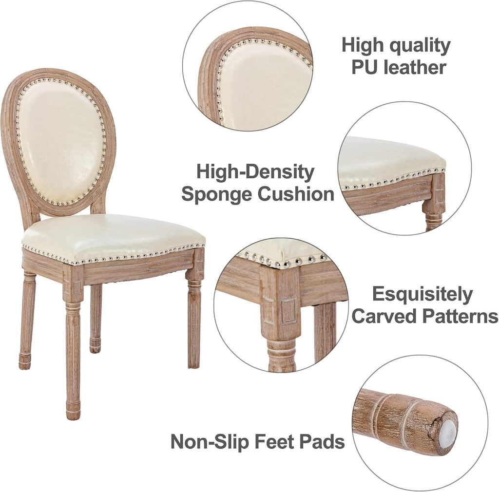 Nrizc French Country Dining Chairs Set of 4, Leather Farmhouse Dining Room Chairs with Round Back, Solid Wood Legs, Oval Side Chairs for Kitchen, Bedroom, Dining Room