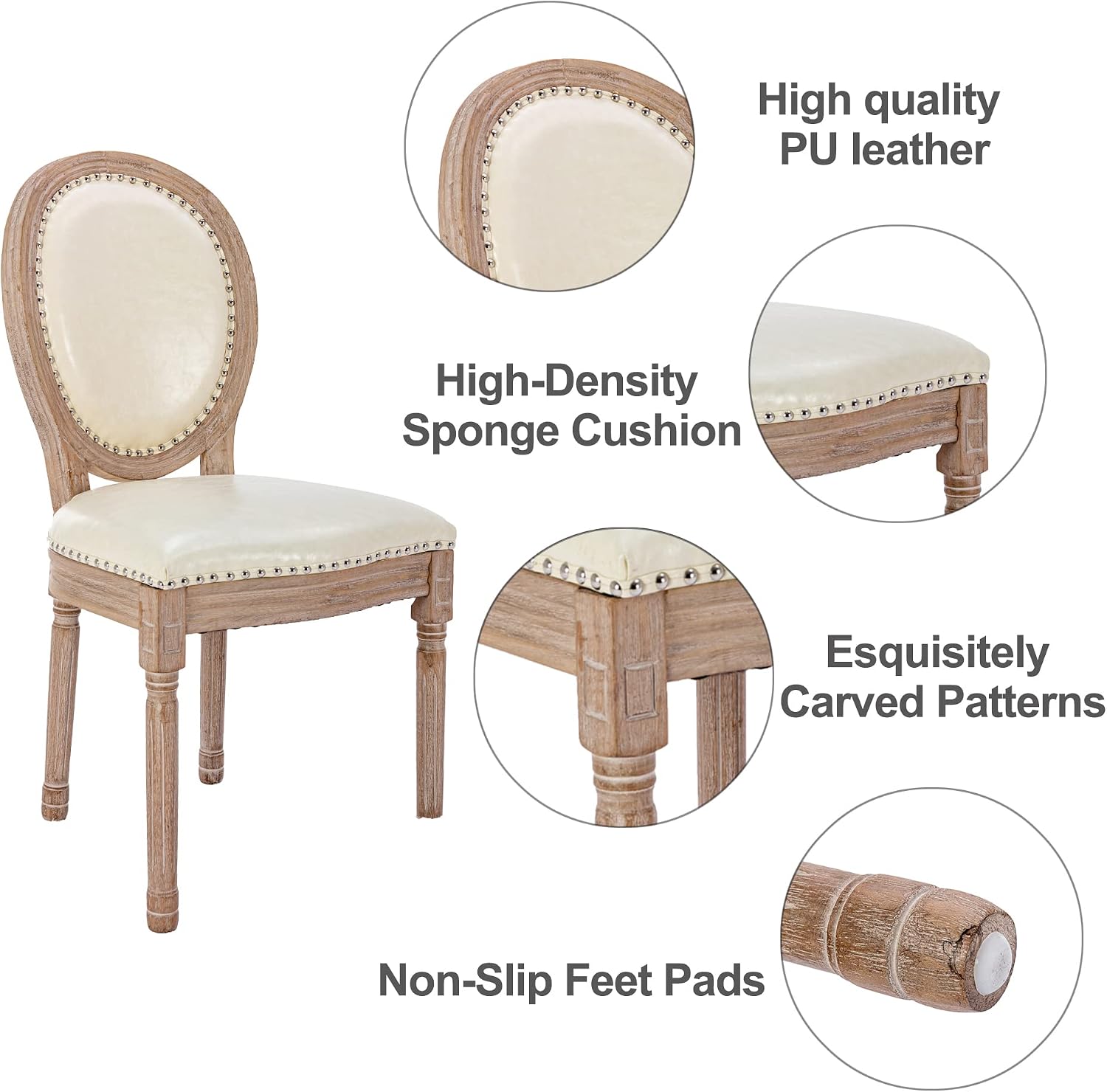 Nrizc French Country Dining Chairs Set of 4, Leather Farmhouse Dining Room Chairs with Round Back, Solid Wood Legs, Oval Side Chairs for Kitchen, Bedroom, Dining Room