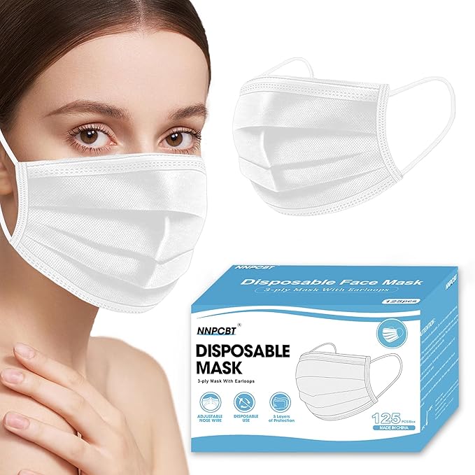 NNPCBT White Disposable Face Masks 125 Pack,3-Ply Breathable Mask For Adults,Great For Outdoors,Home, Office, School