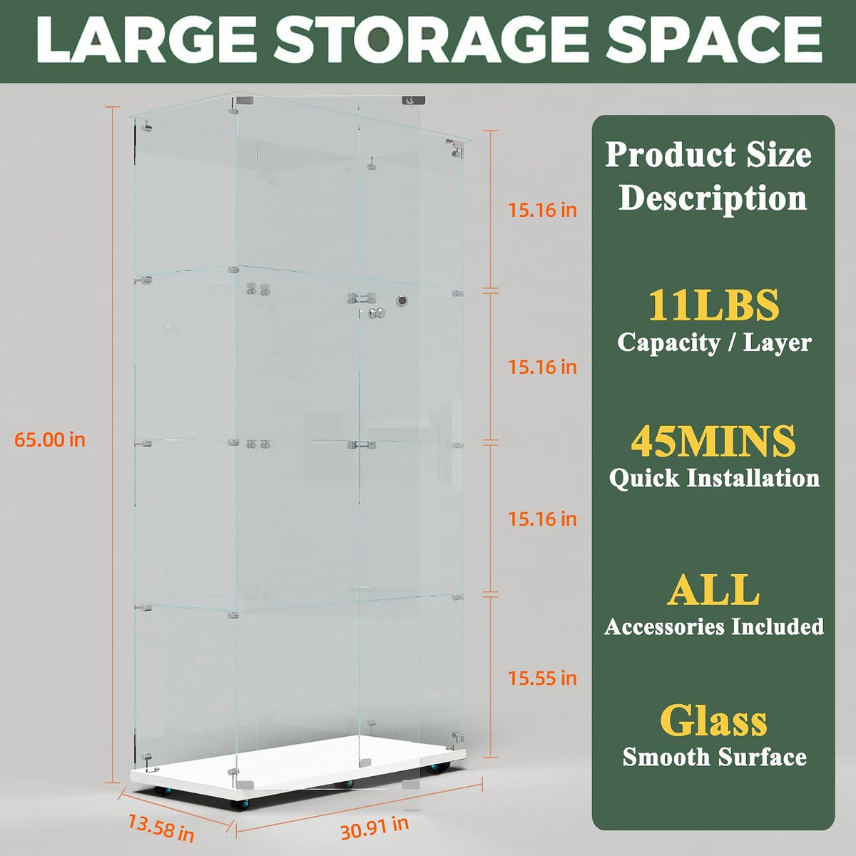 Glass Display Cabinet with LED Light Strip, 4 Shelves with 2 Doors, Glass Top Curio Storage Cabinets with Lock & Caster for Living Room,Floor Standing Bookshelf, Quick Installation - White