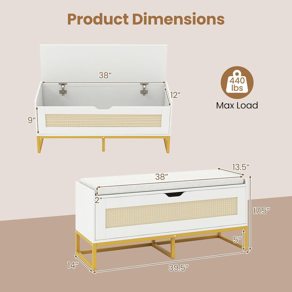 Giantex Rattan Shoe Bench, Flip-Top Entryway Bench with Removable Padded Seat & Hidden Storage, Wooden Shoe Storage Chest with Metal Legs for Bedroom, Hallway, 440 lbs Max Load (White & Gold)