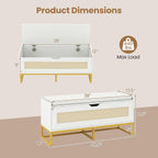 Giantex Rattan Shoe Bench, Flip-Top Entryway Bench with Removable Padded Seat & Hidden Storage, Wooden Shoe Storage Chest with Metal Legs for Bedroom, Hallway, 440 lbs Max Load (White & Gold)