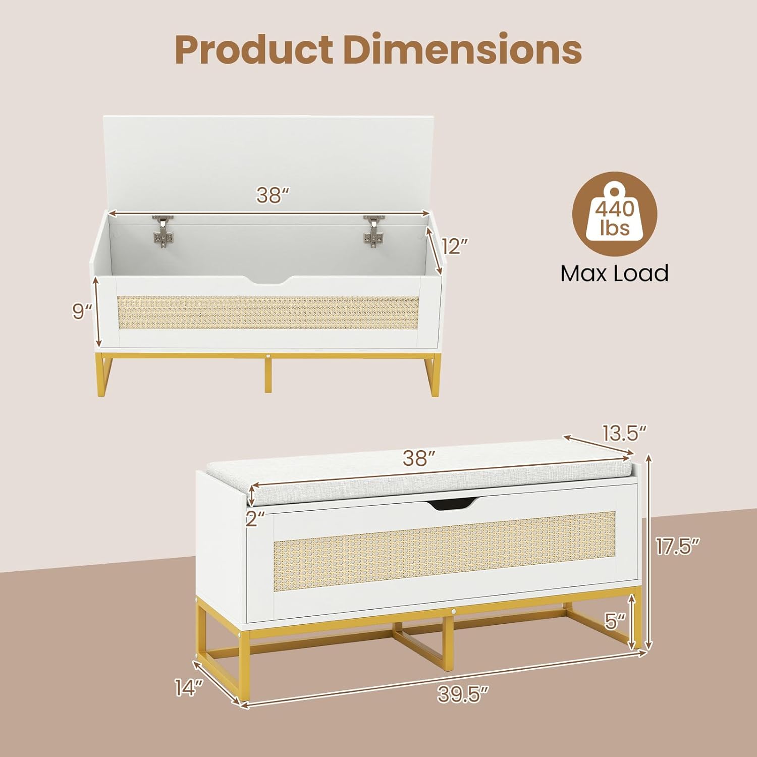 Giantex Rattan Shoe Bench, Flip-Top Entryway Bench with Removable Padded Seat & Hidden Storage, Wooden Shoe Storage Chest with Metal Legs for Bedroom, Hallway, 440 lbs Max Load (White & Gold)