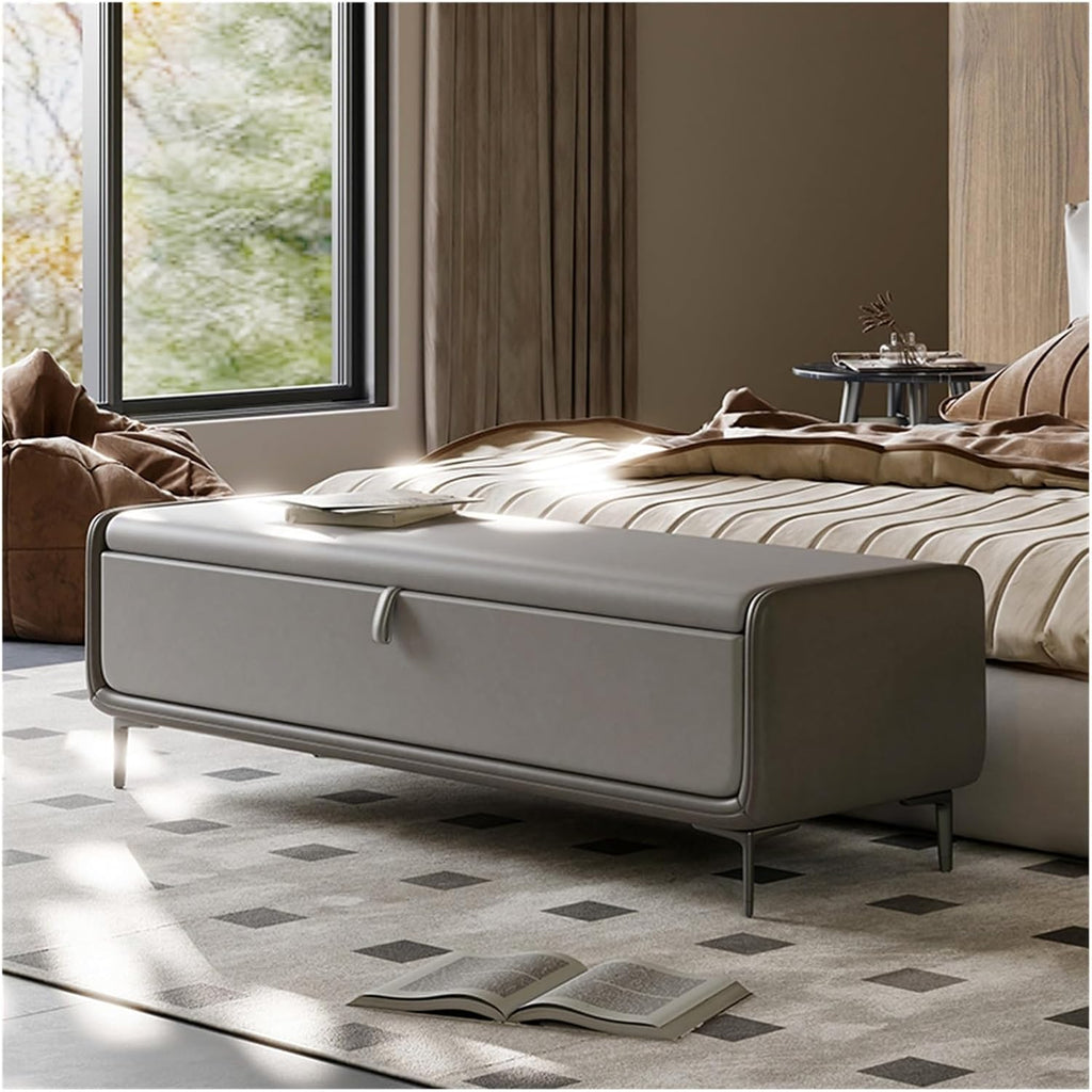 Modern Modern Faux Leather Storage Ottoman Bench with Metal Base,Upholstered Bedroom for End of Bed Luxury Shoe,Footstool for, Living Room, Entryway Entryway(Gris,150 * 45 * 43cm)