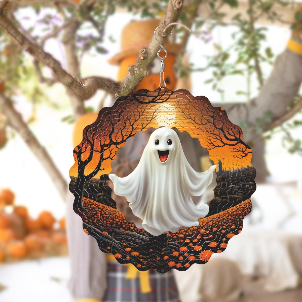 Hanging Wind Spinner Halloween Decor 10 Inch 3D Stainless Wind Spinner for Hanging Outdoor Holidays White Ghost Wind Spinners for All Saints' Day Room Party Garden Decor Outside
