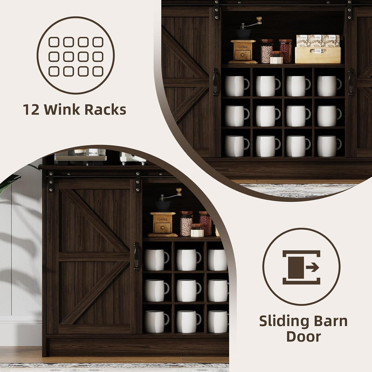 4ever2buy 55" Farmhouse Coffee Bar Cabinet with Storage & Wine Rack, Oak | Storage Hutch with Adjustable Shelves, Wine Rack and 8 Hooks for Living Room or Dining Room Storage