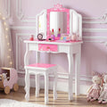 JOYMOR Kids Vanity Set, Wooden Princess Makeup Table with Stool, Tri-Folding Mirror, Large Drawer, Solid Wooden Legs, Beauty Make Up Dressing Set for Girls Best Gift (Pink)