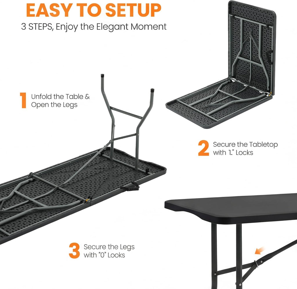 SEALAMB 6FT Portable Plastic Folding Table for Indoor & Outdoor, Heavy Duty Fold Up Table Foldable Picnic Tables Dining Table for Camping Parties Backyard Events(Black, 6FT)