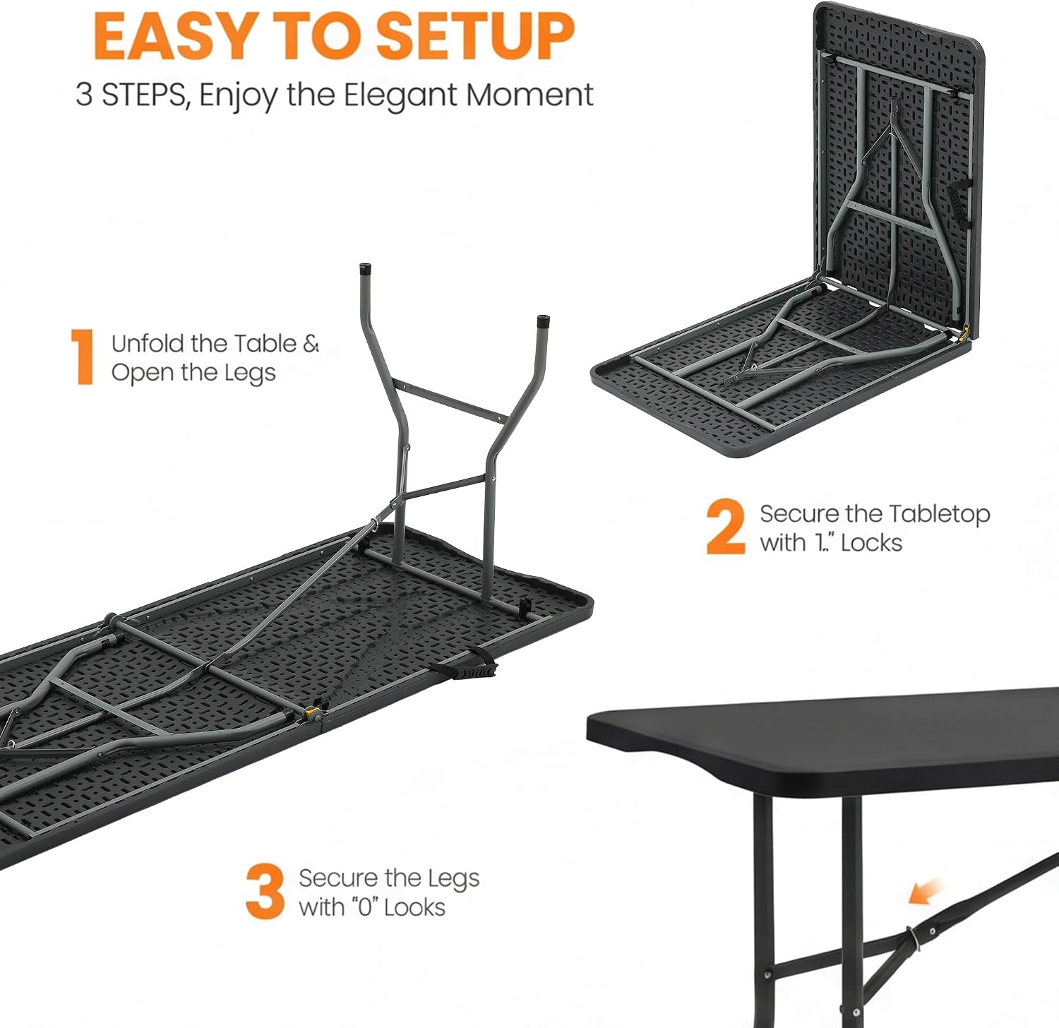 SEALAMB 6FT Portable Plastic Folding Table for Indoor & Outdoor, Heavy Duty Fold Up Table Foldable Picnic Tables Dining Table for Camping Parties Backyard Events(Black, 6FT)