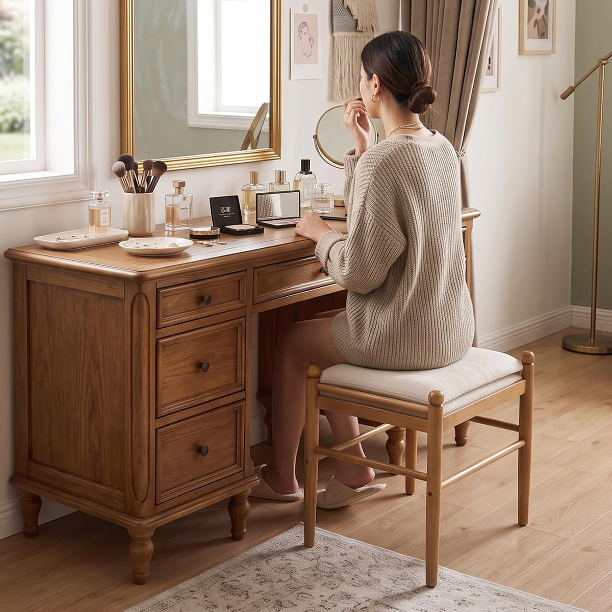 Kmax Ottoman Bench, 19 Inch Tall Vanity Chairs No Wheels, Upholstered Ktichen Chairs Backless Farmhouse Wooden Side Chairs for Dining Room, Extra Seating for Living Room - Linen, Beige