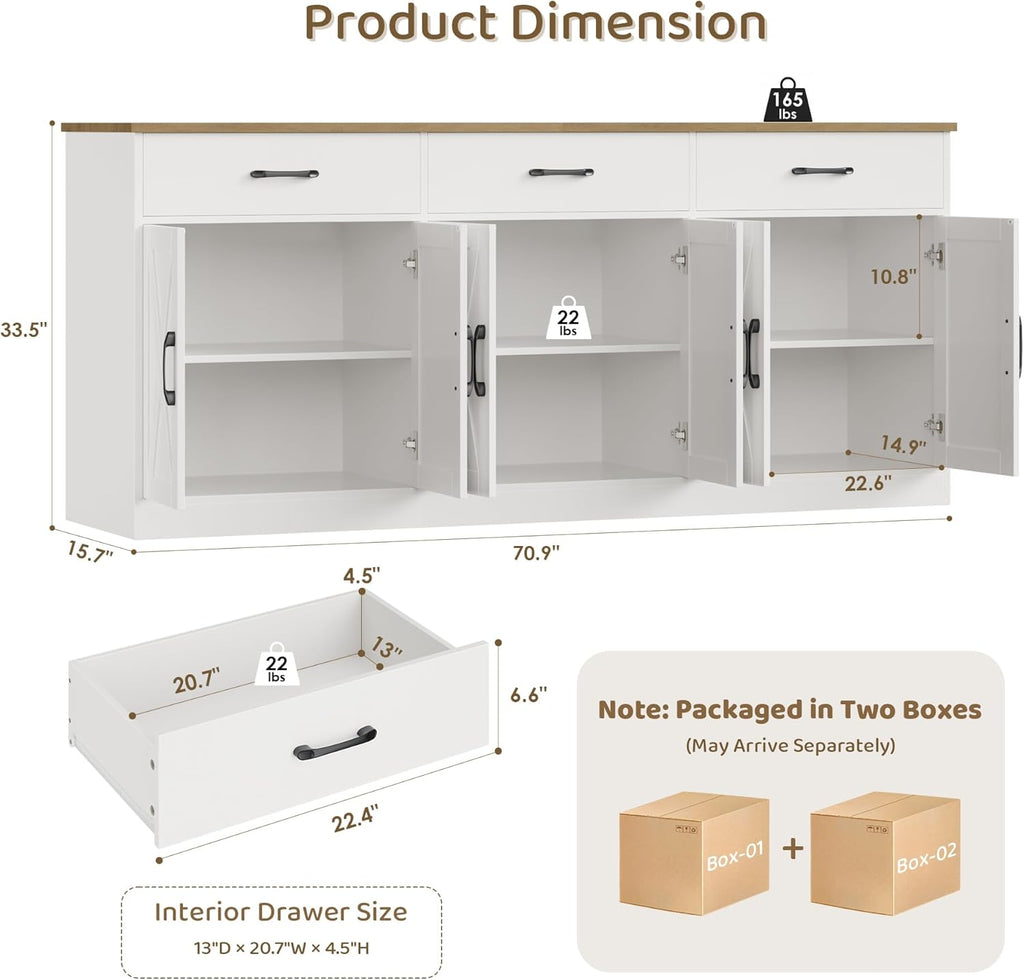 HOSTACK 71"W Farmhouse Kitchen Sideboard Buffet Cabinet with Storage, White
