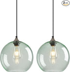Light Green Glass Pendant Lights Kitchen Island Globe Pendant Light Fixtures Modern Pendant Lighting for Bedroom Living Dining Room Light Fixture (9.84 in, 2 Pack)