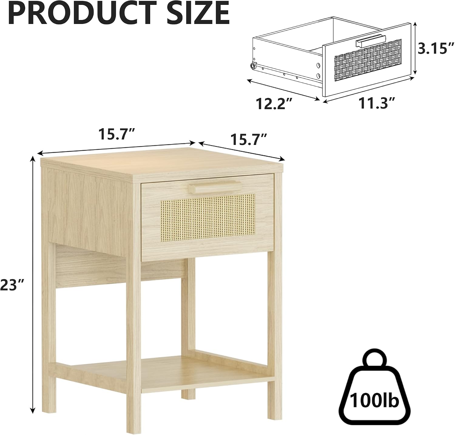 furlinkhm Rattan Nightstand, Boho Bedside Table, 23" Rattan Nightstand, End Table with Drawer, Wood Bedside Table Boho End Tables Side Tables with Storage Shelf, Suitable for Bedroom, Living Room