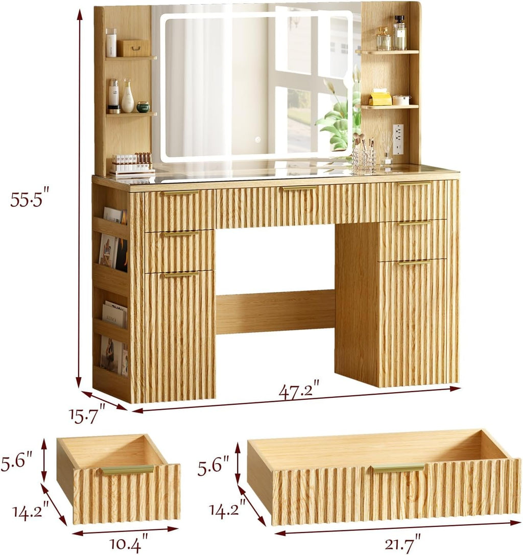 47.2" Fluted Makeup Vanity Desk with Large, 28.7" Mirror and Lights, 5 Drawer Vanity with Power Strip, 6 Open Shelves, 2 Cabinet, Modern Bedroom Vanity Featuring Visual Transparent Glass