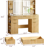 47.2" Fluted Makeup Vanity Desk with Large, 28.7" Mirror and Lights, 5 Drawer Vanity with Power Strip, 6 Open Shelves, 2 Cabinet, Modern Bedroom Vanity Featuring Visual Transparent Glass