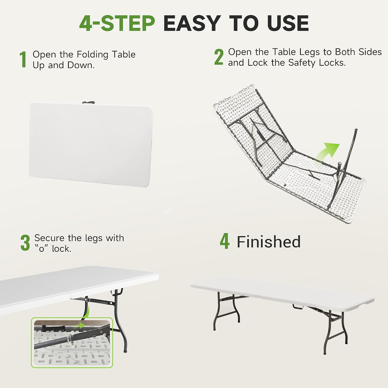 Folding Table 8 Foot - Heavy Duty 660LBS Capacity, Sturdy & Foldable Design with Safety Lock - Portable Tables Folding for Camping, Party, Indoor & Outdoor Use, 1 Pack