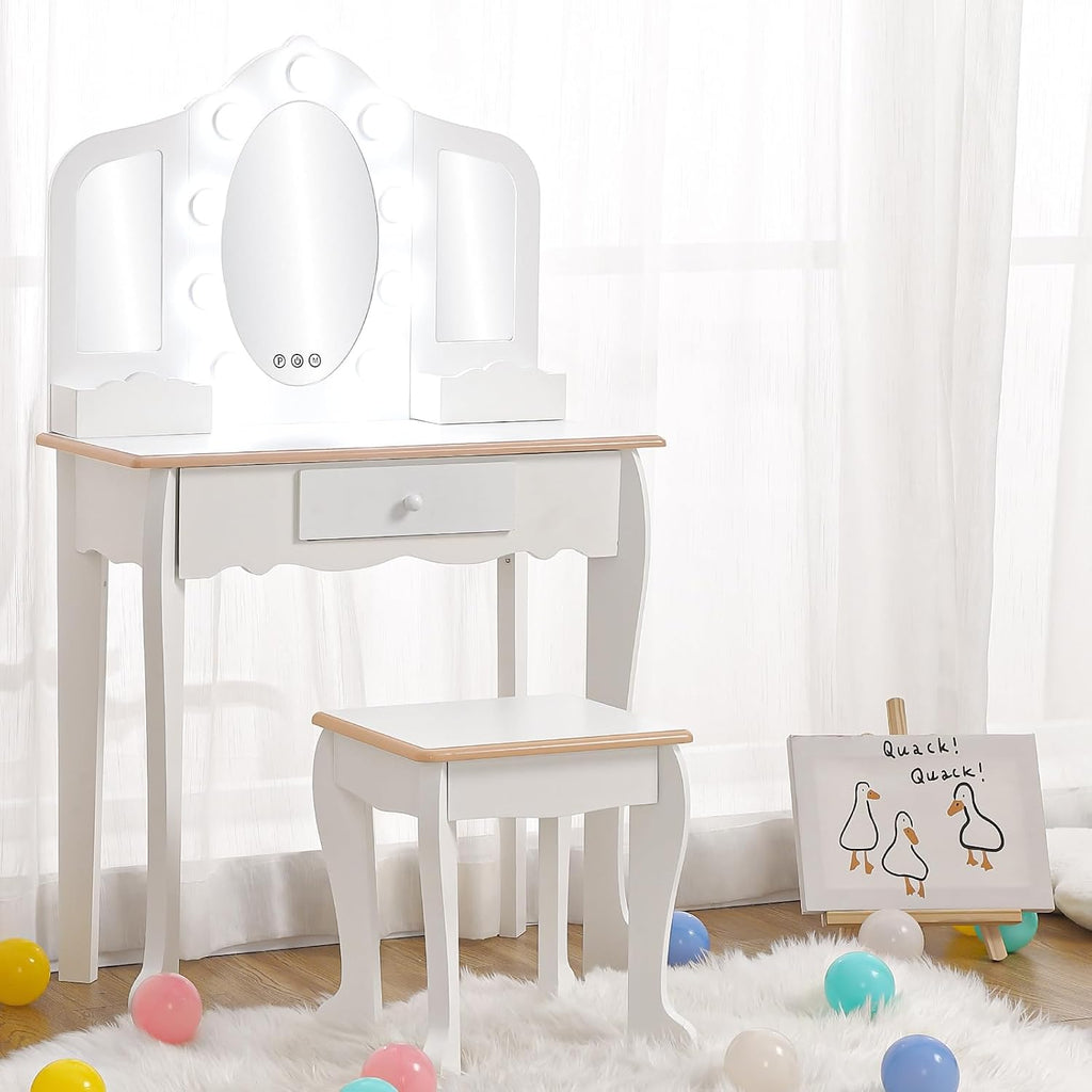 Garvee Kids Vanity with Tri-Fold Lighted Mirror, Stool, & Makeup Playset | Little Girls Vanity Table & Stool, Kids Makeup with Tri-Fold Mirror, Drawer & Storage Grid for 3-9 Yrs Girls, White