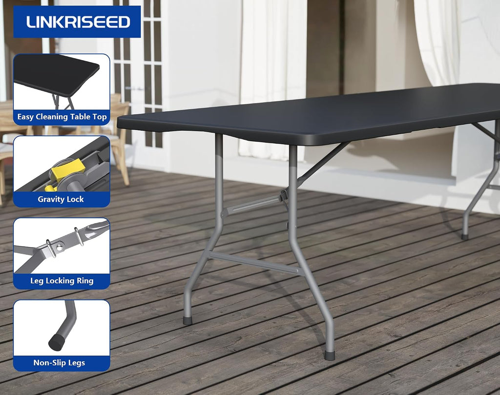 8FT Folding Tables – Heavy Duty Portable Foldable Picnic Table with Built-in Handle, 450 lb Capacity – Ideal for Events, Parties, Crafts, Camping & Dining (10-Pack, Black)