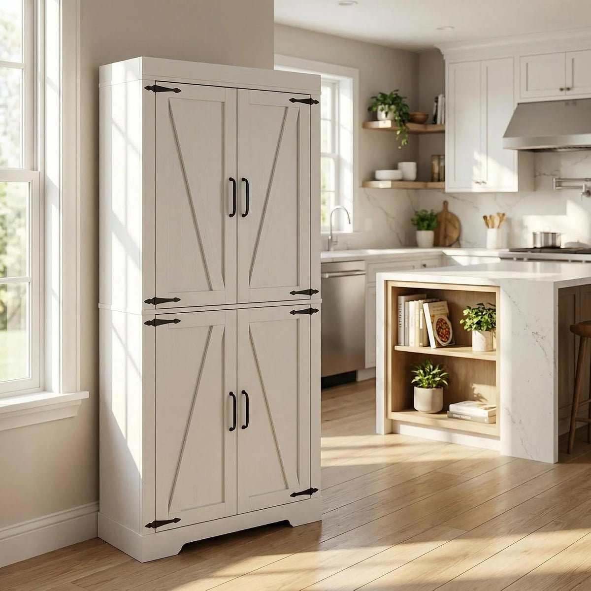 Homy Casa Farmhouse Kitchen Pantry Storage Cabinet, White Barn Door, 4-Door and 2 Shelves for Large Storage, 39 x 34 x 68.1 in，Standing Storage for Kitchen, Bathroom, Garage, Dinning Room Utility Room
