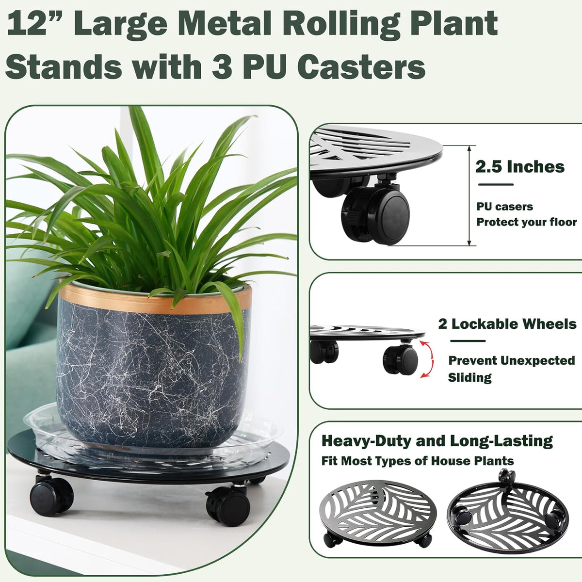 4 Packs Large Metal Plant Caddy with 3 PU Wheels 12" Heavy-duty Wrought Iron Rolling Plant Stands Indoor Outdoor Wheeled Plant Dolly Planter Mover Rollers Plant Trolley Cart, Plant Saucers Included