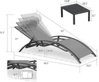PURPLE LEAF Patio Pool Lounge Chaise Set of 3 Outdoor Lounger Chair, Grey | 2 Chaise + 1 Table, Aluminum Frame, Adjustable Headrest & 5 Recline Angles, Stackable, UV Textilene Fabric, S-Curve Backrest