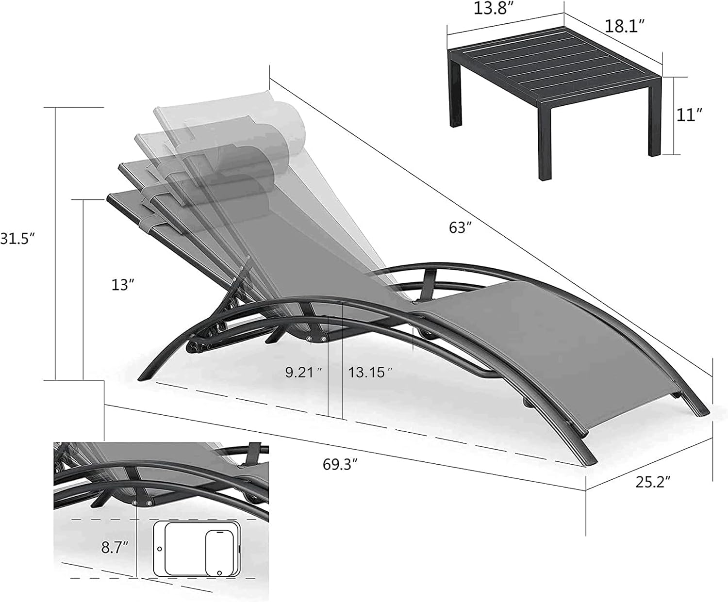 PURPLE LEAF Patio Pool Lounge Chaise Set of 3 Outdoor Lounger Chair, Grey | 2 Chaise + 1 Table, Aluminum Frame, Adjustable Headrest & 5 Recline Angles, Stackable, UV Textilene Fabric, S-Curve Backrest