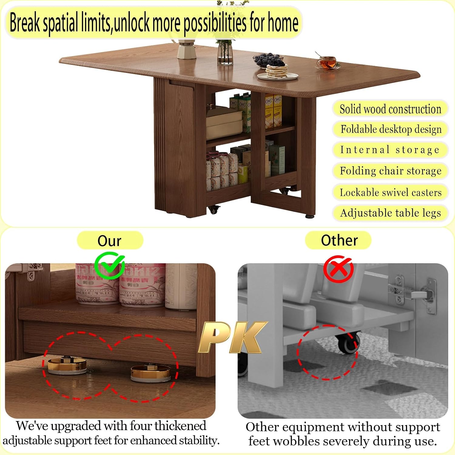 Folding Dining Table with Storage,Foldable into a Small Dining Table with Drawer and Storage,Applicable to All Room types-Walnut-120CM | 47.2"x31.5"x29.5"