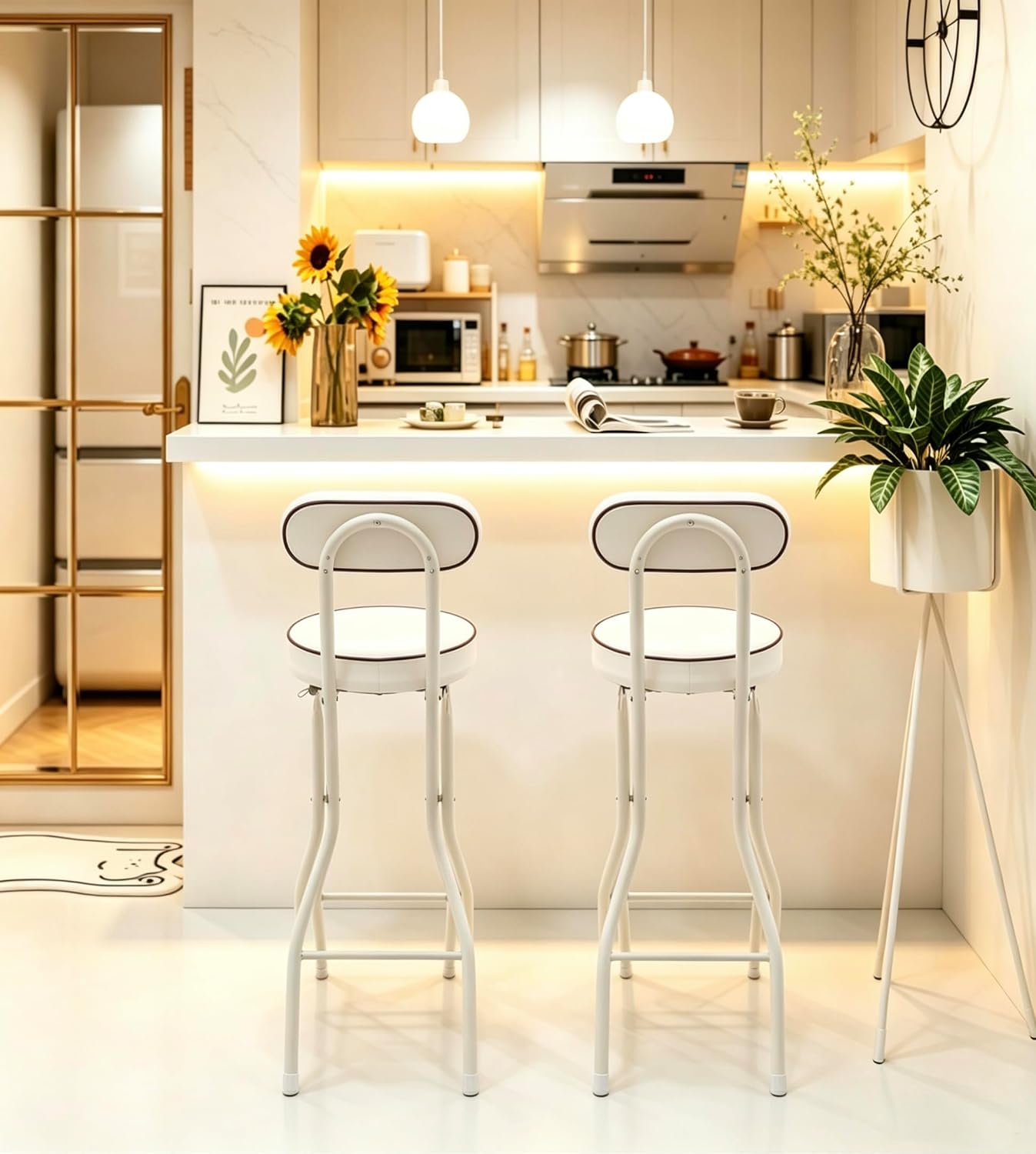 Set of 2-Folding Bar Stool Chair W/Back,Tall Foldable Chair Leather Padded | Counter Height Collapsible Stool for Adults Kitchen Island Guitar Shop Cafe Bar-White