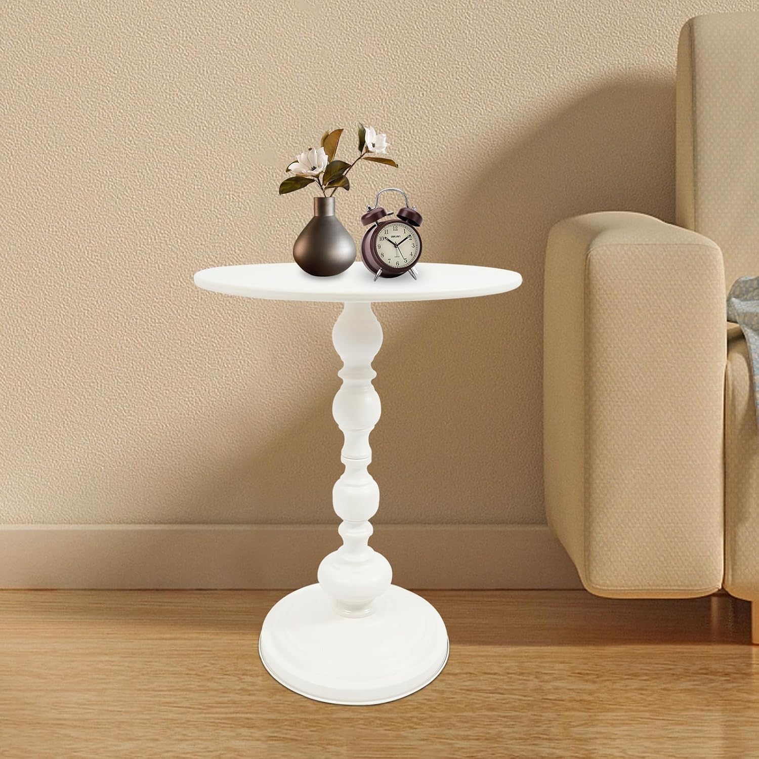 Small Round Side Table - Retro Metal Pedestal End Table for Living Room, Bedroom, Sofa & Small Spaces, 15.7'' ×20.5'' (White)