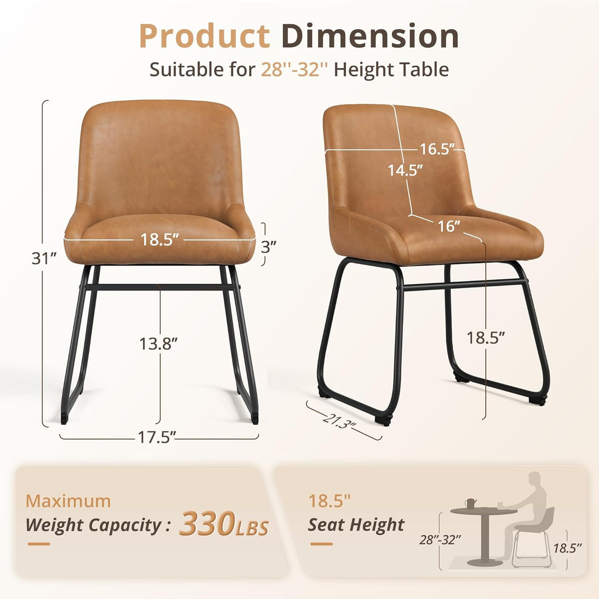 LUE BONA Comfortable Dining Room Chairs Set of 4, Modern Upholstered Kitchen Chairs with Padded Back & Thick Metal Legs, Brown PU Leather