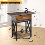 TooCust End Tables Living Room Set of 2, Side Table with Charging Station Flip Top, 11"D x 24"W x 23"H, Narrow Side Table with 5.3" Deep Drawer, Couch End Tables Set of 2, Steel X-Frame, Rustic Brown